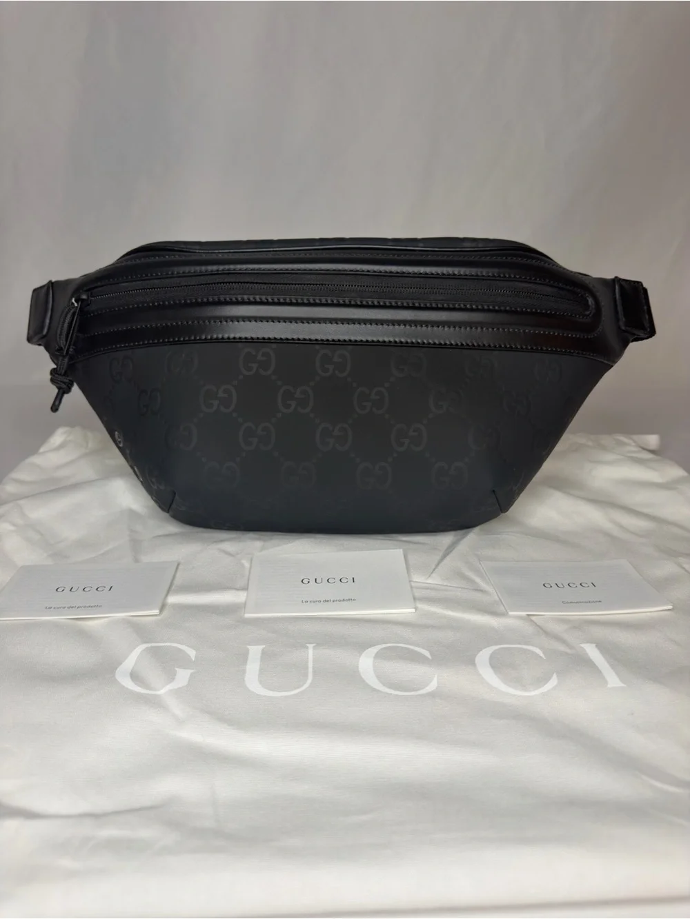Gucci Edge Large Black GG Rubber Belt Bag 834492 NWT
